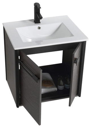 Oakville Wall Mount Bathroom Vanity, Black Coal Oak, 24", Black Hardware