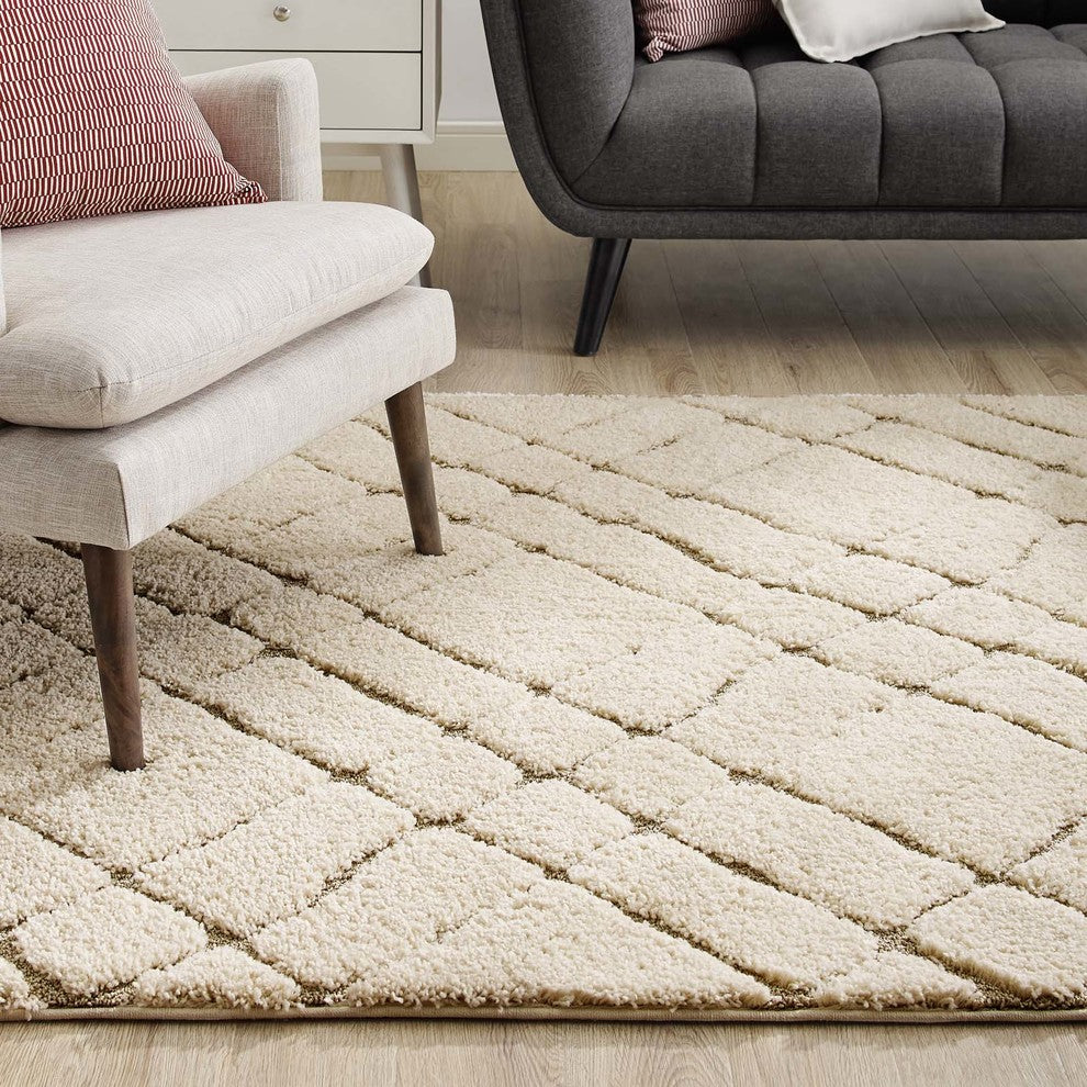 Verona Abstract Geometric 8x10 Shag Area Rug Creame and Beige