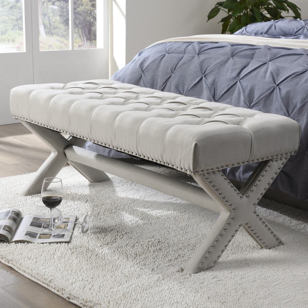 Diana Linen Button Tufted Silver Nailhead Trim X-Leg Bench, Cream White