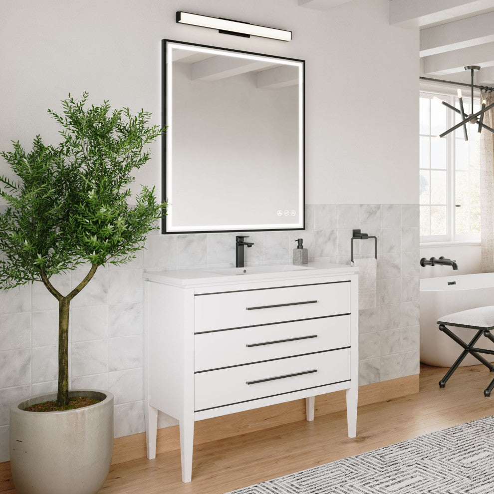 Celios Bathroom Vanity, White With Black Trim, 36", Single Sink, Freestanding