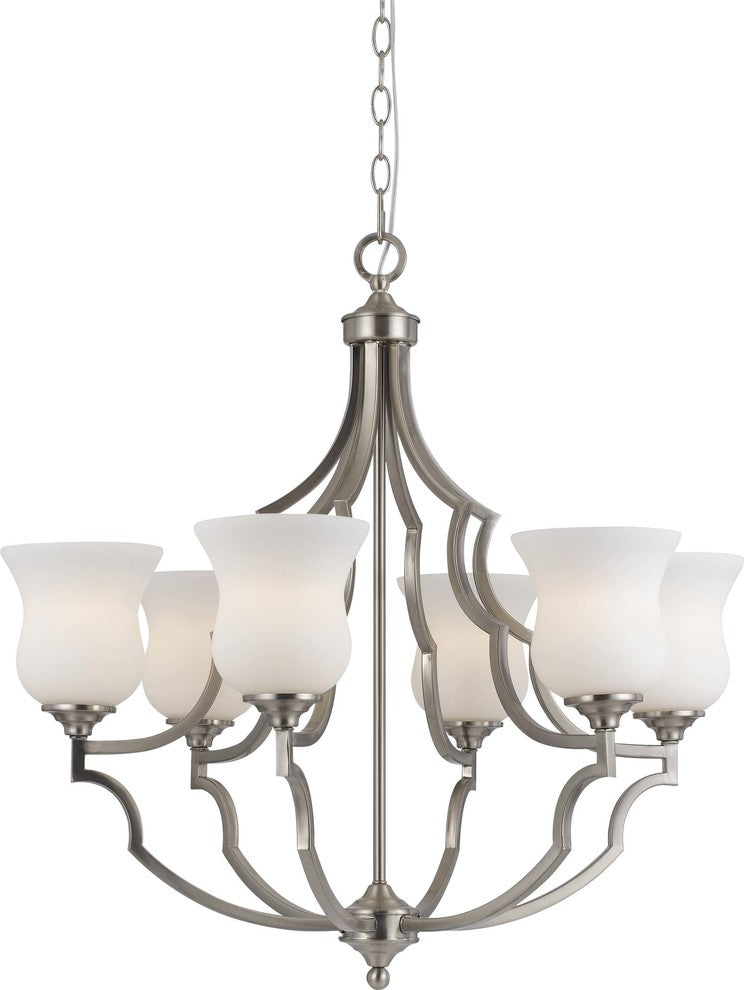 60W Barrie Metal 6 Light Chandelier, Brushed Steel Finish, Frosted White