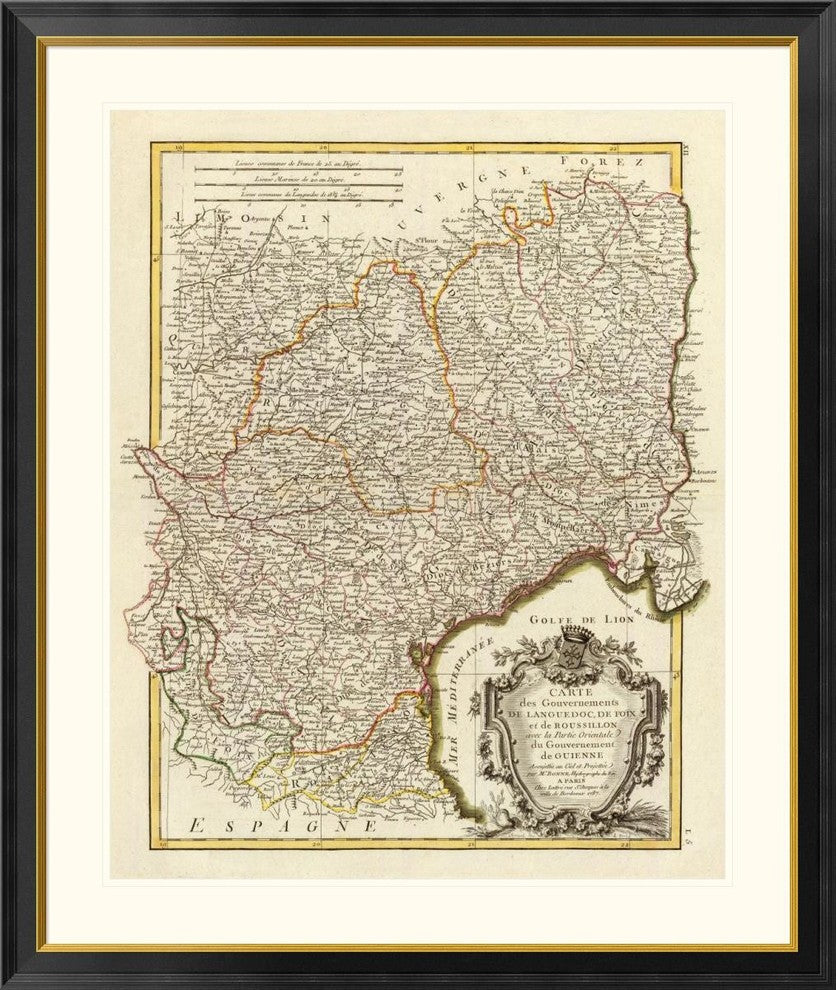 "Languedoc, Foix, Roussillon, Guienne, 1787"  by Rigobert Bonne, 39x46"