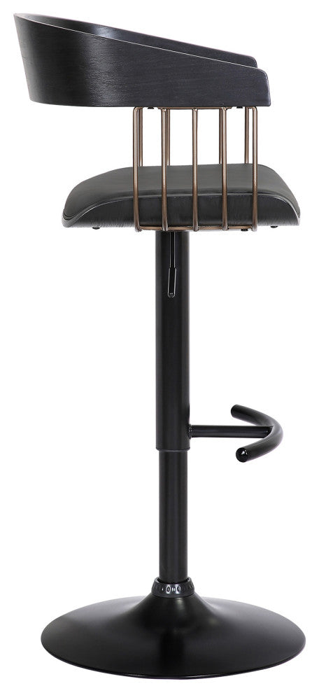 Larisa Adjustable Black Wood Bar Stool Black Faux Leather Bronze and Black Metal