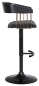 Larisa Adjustable Black Wood Bar Stool Black Faux Leather Bronze and Black Metal