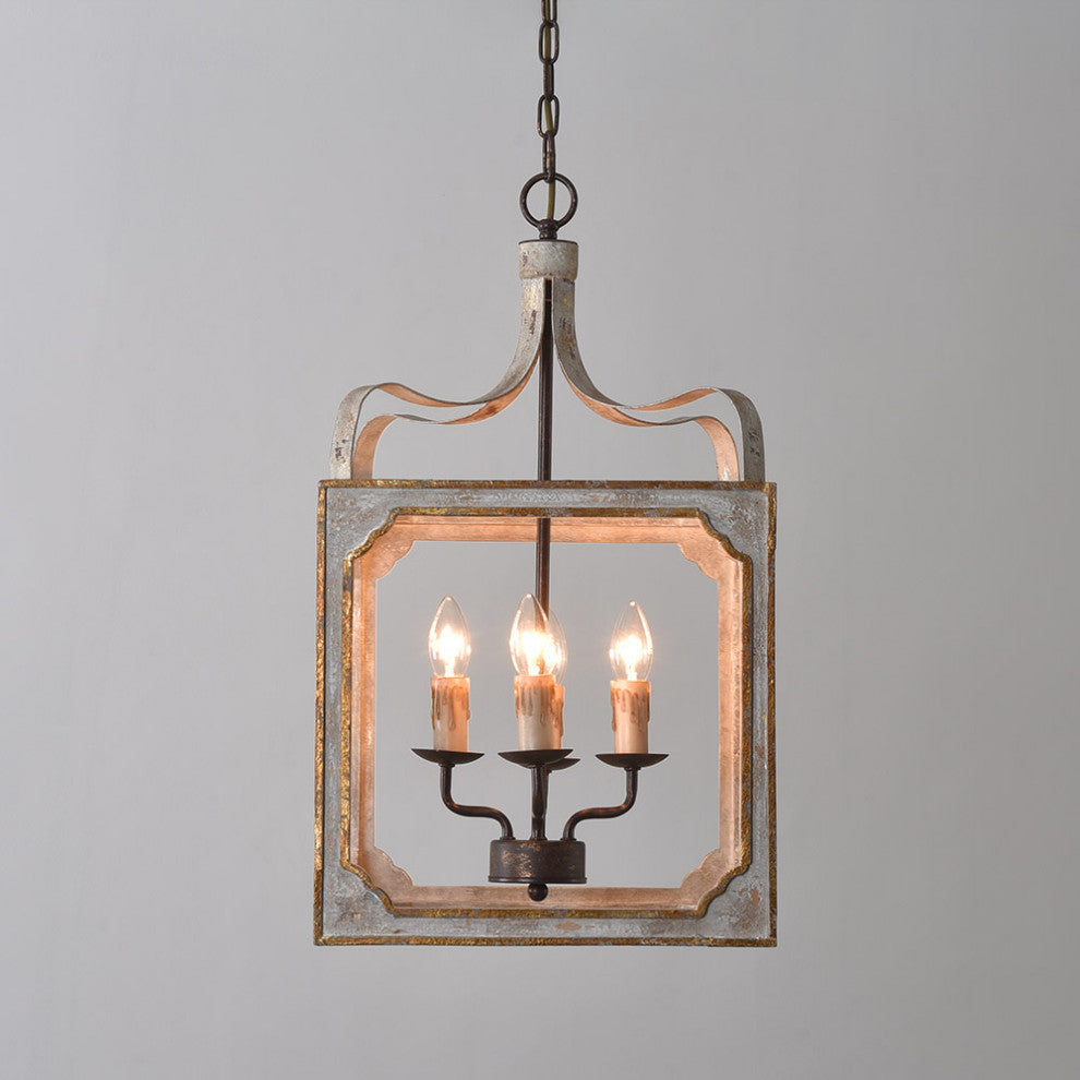 4-Light Lantern Chandelier Square Candelabra Pendant Light, Antique Gray