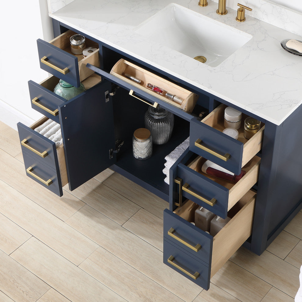 Gavino Vanity With Grain White Composite Stone Top, Royal Blue/Brushed Gold, 48", No Mirror