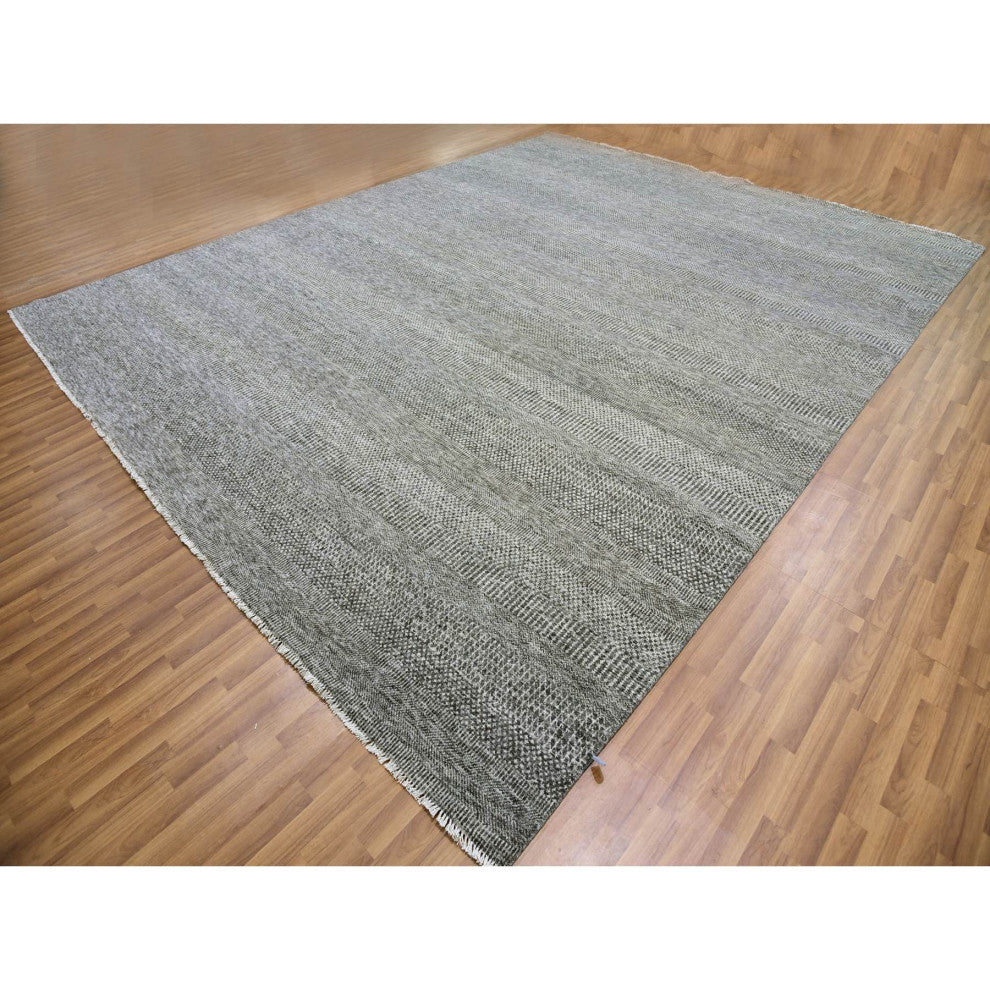 Neutral Gray Undyed Wool Grass Design Hand Knotted Oversized Rug 12'2"x15'2"
