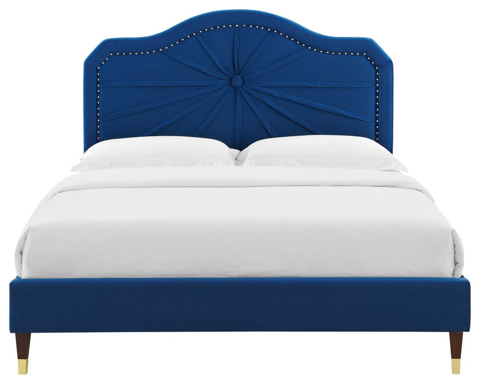 Platform Bed Frame, King Size, Velvet, Blue Navy, Modern Contemporary, Bedroom
