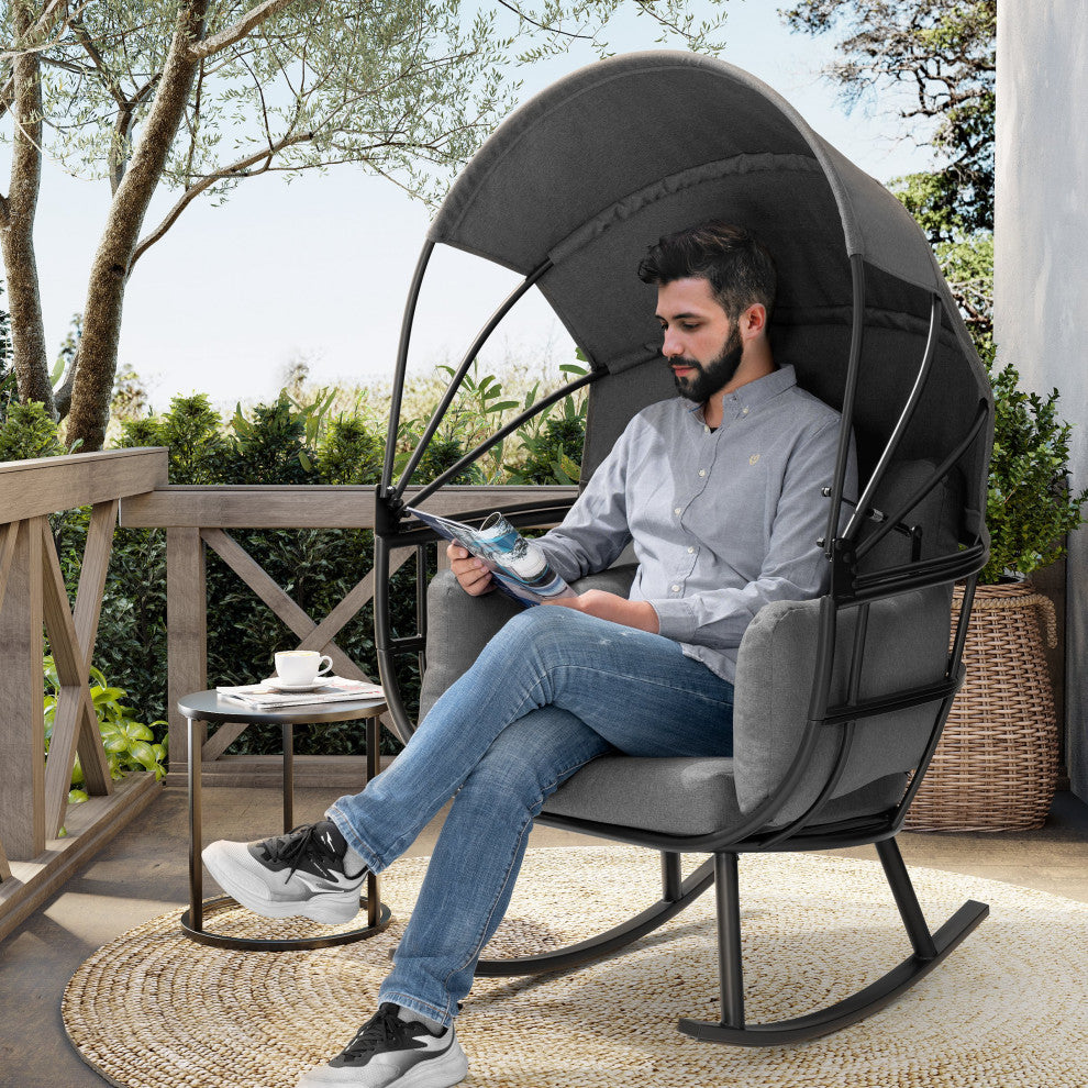 Egg Chair Outdoor Aluminum Rocking Lounge With Folding Canopy in Gray Finish, Gray