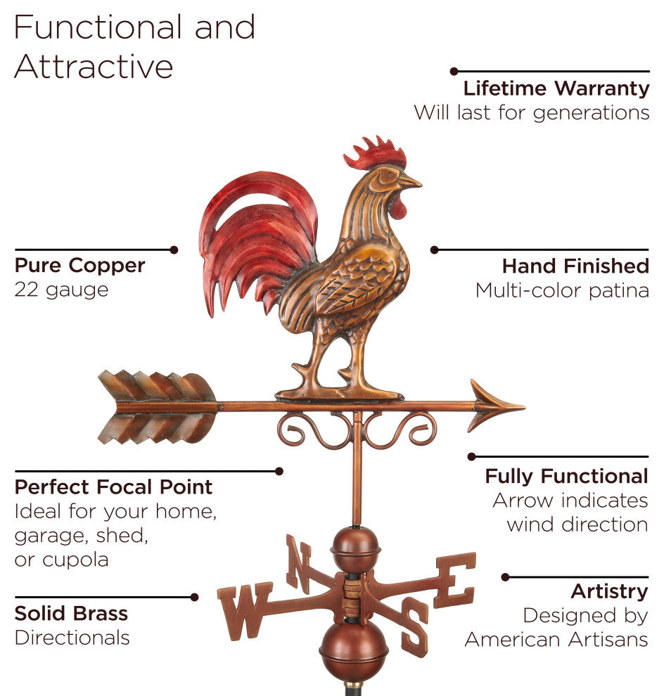30" Manchester Vinyl Cupola With Copper Bantam Red Rooster Weathervane