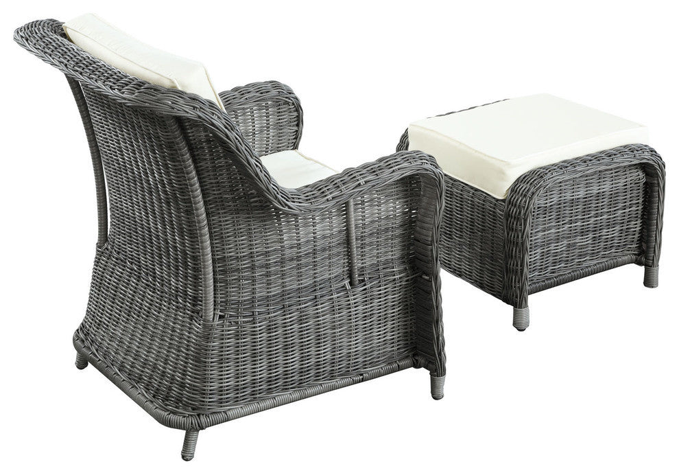 Modern Outdoor Patio Rattan and Wicker Jour Armchair and Ottoman Gray White