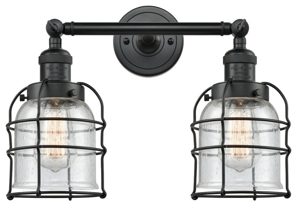 2-Light Small Bell Cage 18" Bath Fixture, Matte Black, Glass: Seedy