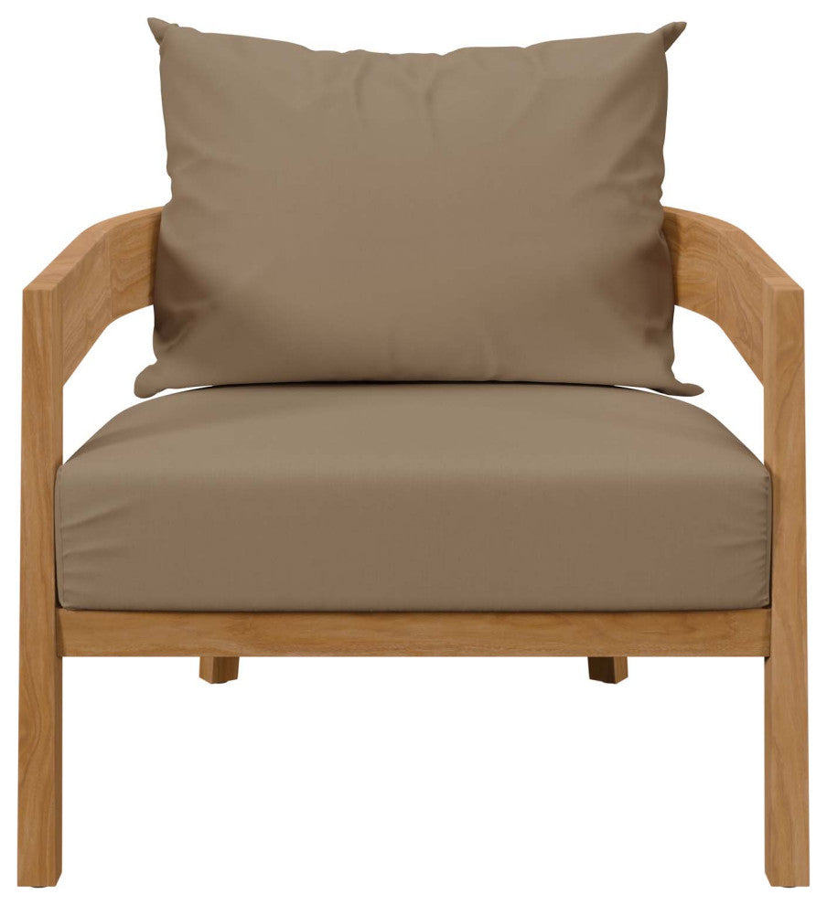 Sectional Sofa Chair Table Set, Brown Natural, Teak Wood, Modern, Outdoor Patio