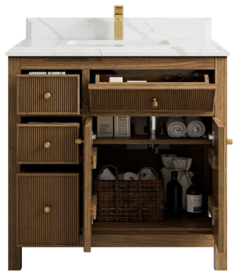 Sonoma Teak 36 Center Sink Bath Vanity in Dark Natural with 1.5" Calacatta Laza