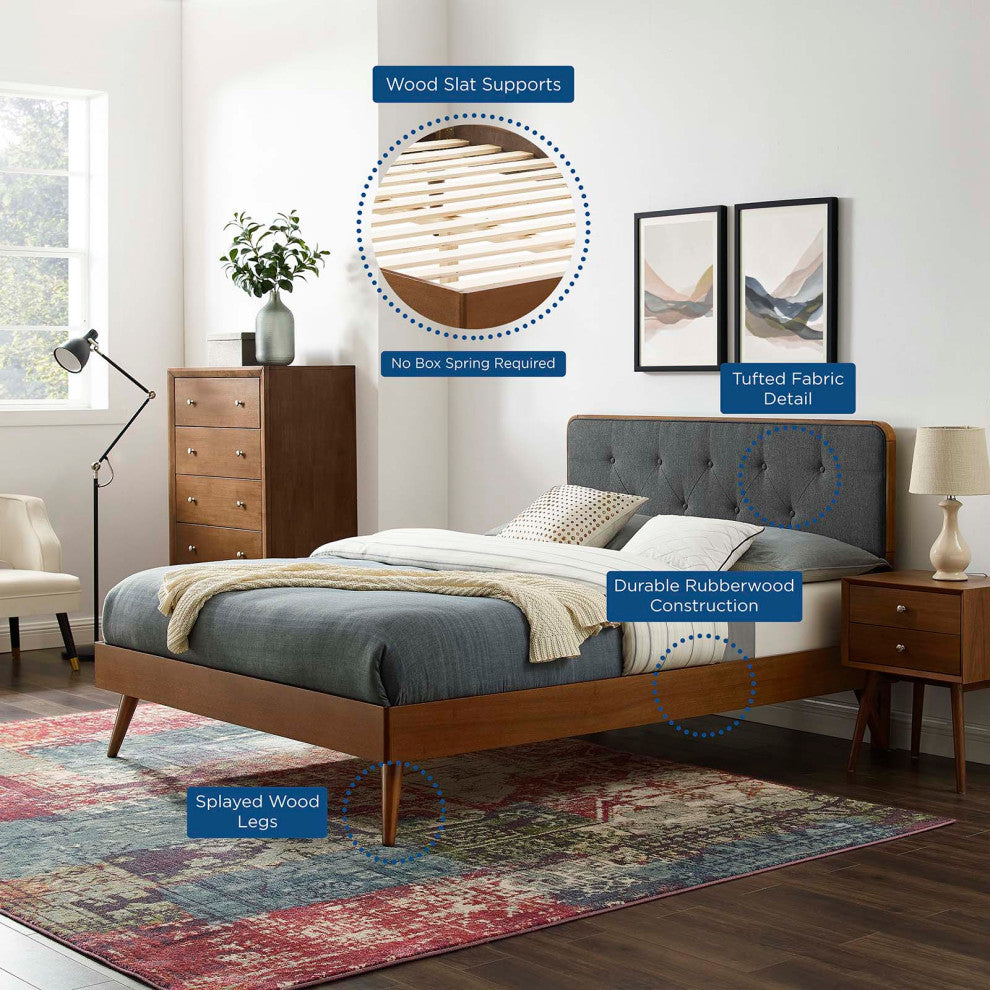Platform Bed Frame, Queen Size, Fabric, Wood, Brown Walnut Gray, Modern