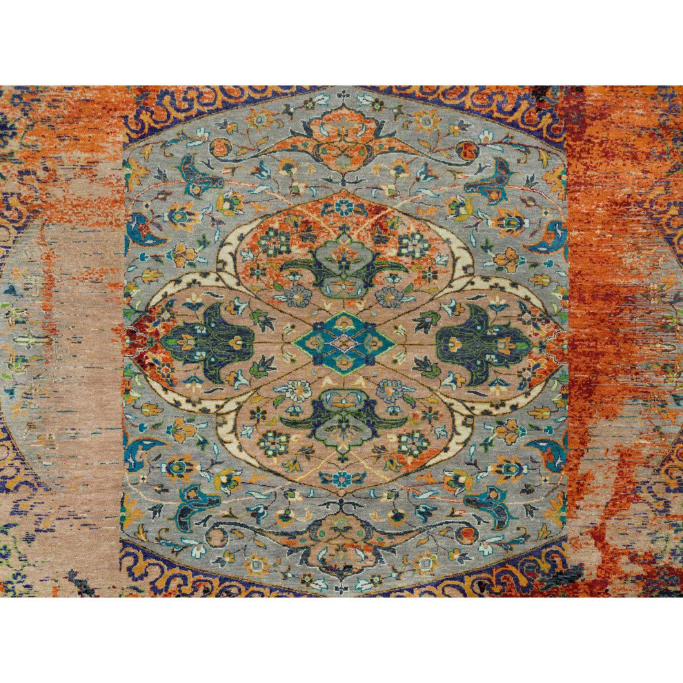 Orange Ancient Ottoman Erased Design Wool Hand Knotted Round Rug 12'1"x12'1"
