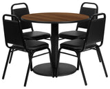 36'' Round Natural Laminate Table Set W/4 Black Trapezoidal Back Chairs