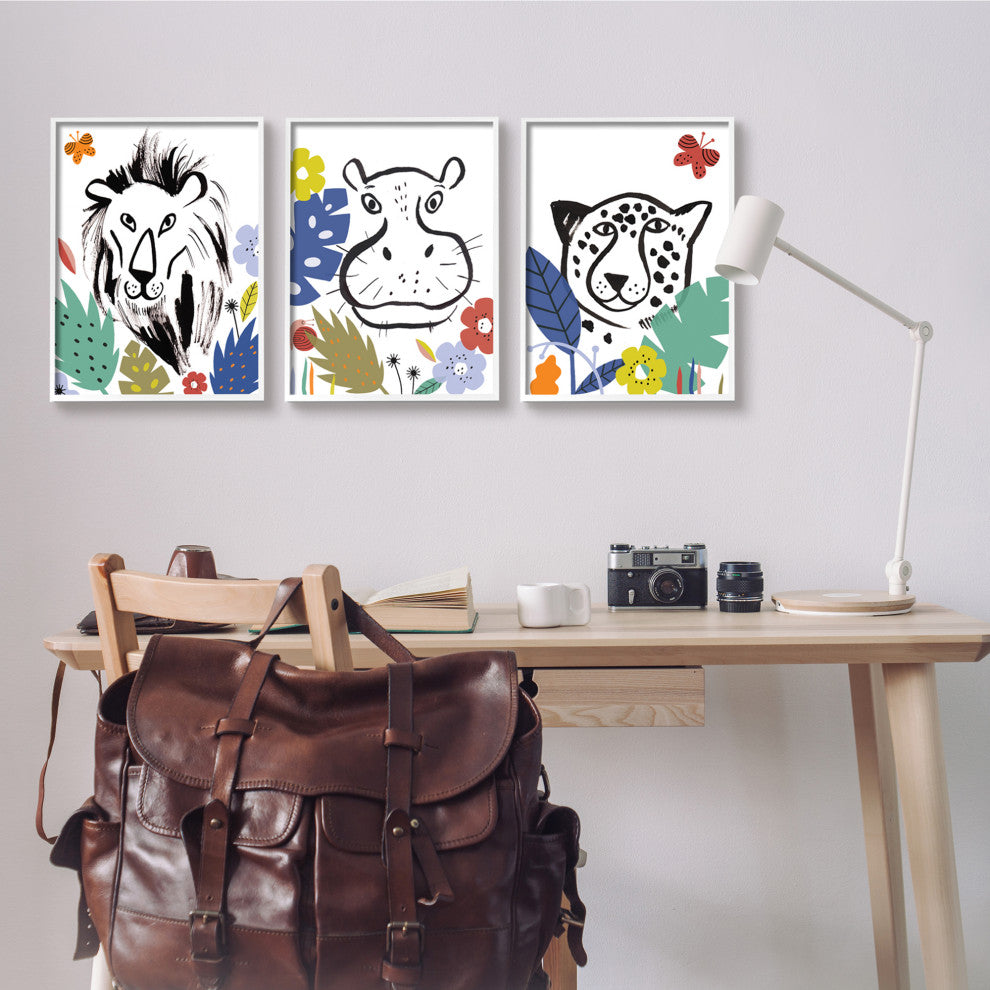 Jungle Animal Kingdom Colorful Kids Pet Illustration, 3pc, each 16 x 20