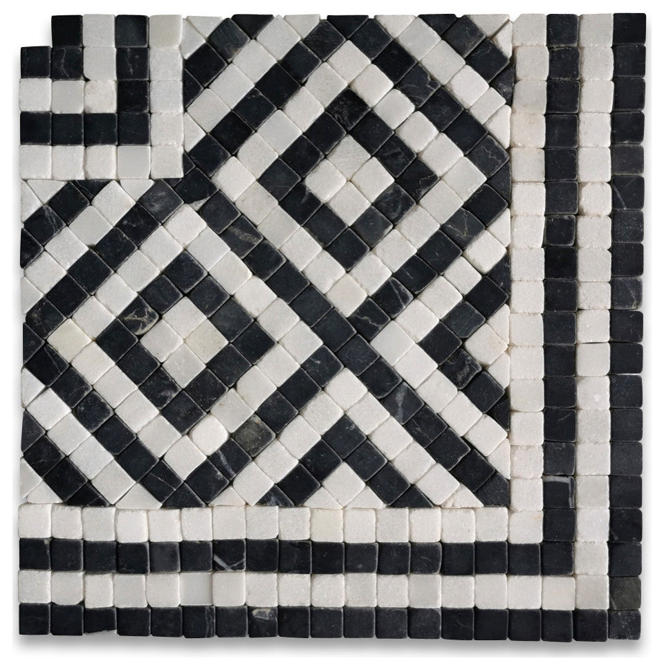 Guitam Black White 7.1x7.1 Marble Mosaic Border Corner Tile Tumbled, 1 piece
