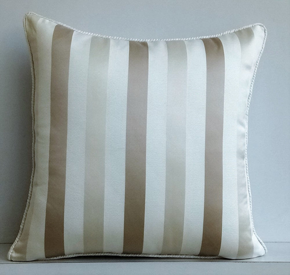Beige Throw Pillow Cover, Ivory Stripe 18"x18" Silk, Striped With Beige
