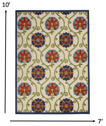 7' X 10' Ivory And Blue Floral Indoor Outdoor Area Rug