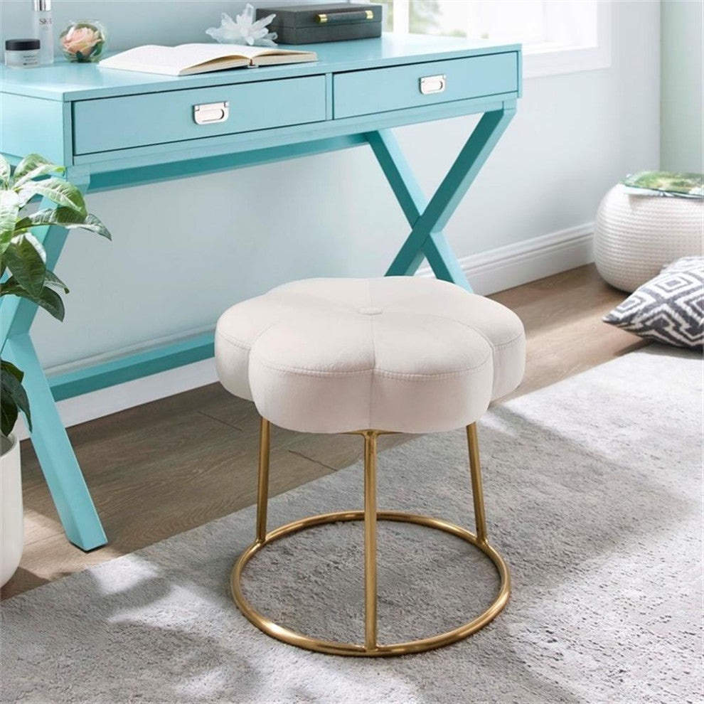 Linon Siena Gold Base Upholstered Flower Shaped Vanity Stool in White Velvet