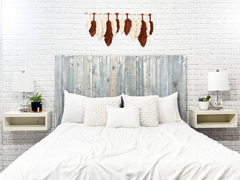 Solid Wood Headboard with Smooth Natural Wood Grain, Wall Mounted, Farmhouse, Blue Powderwash, Queen