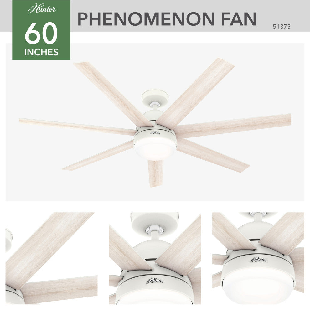 Hunter 60" WiFi Phenomenon Matte White Ceiling Fan With LED Light, Wall Control
