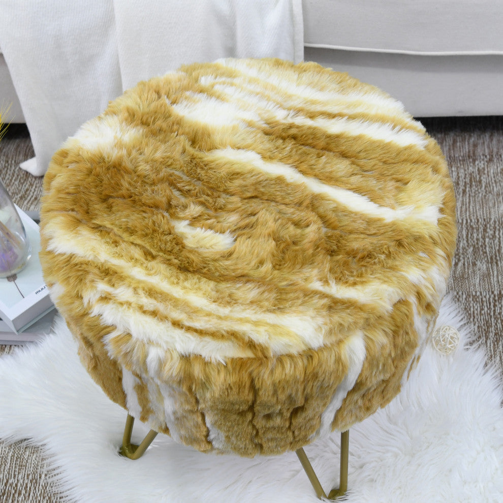 Fauxfur Ottoman Round Fuzzy Entryway Bench, Gold, 18"x18"x18"