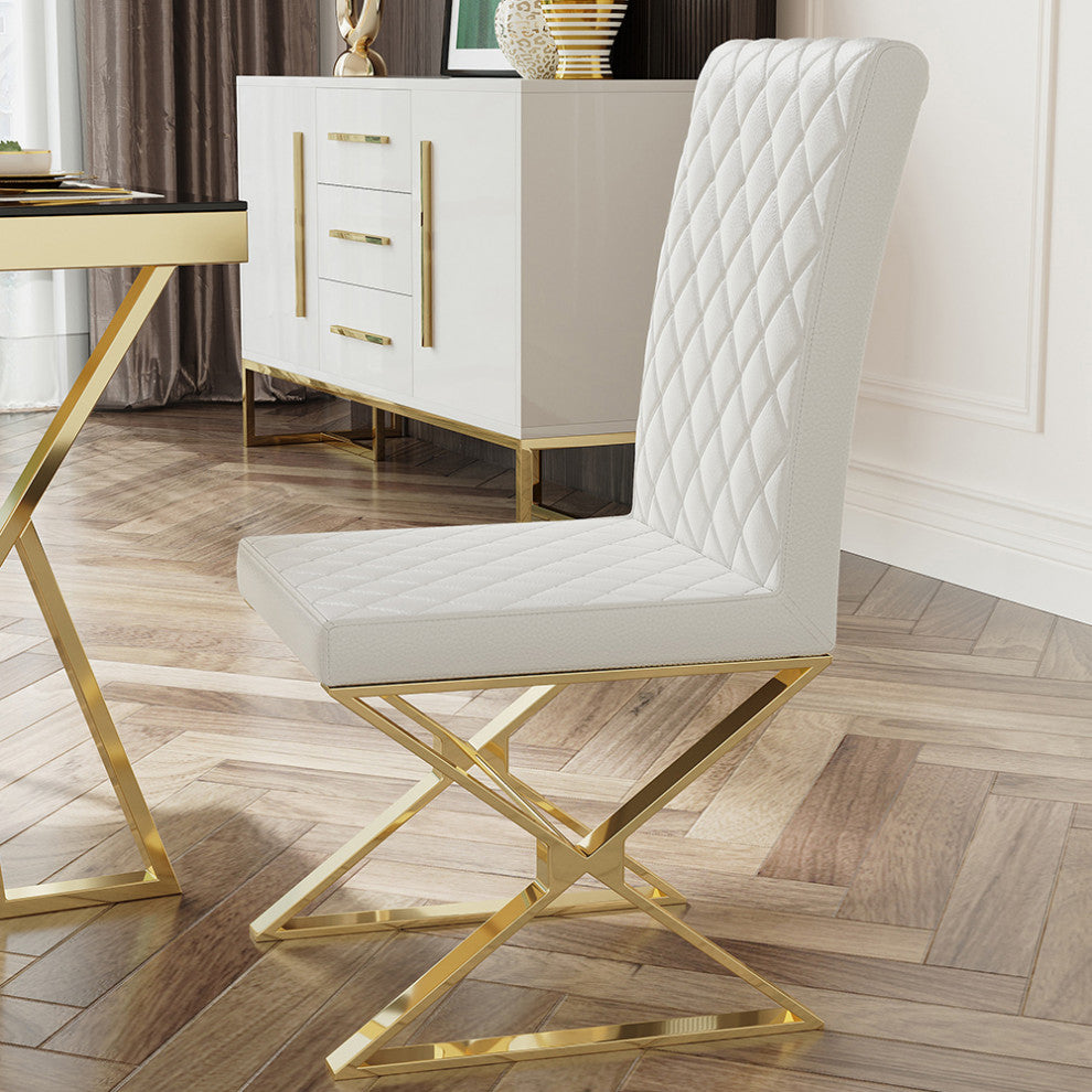 Dochic Modern White Leather Dining Room Chair Upholstered Gold Legs (Set of 2)