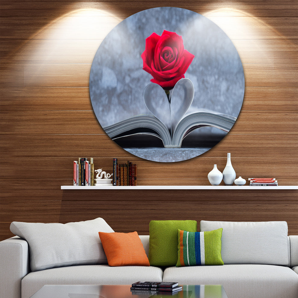 Red Rose Inside The Book, Floral Art Large Disc Metal Wall Art, 23"