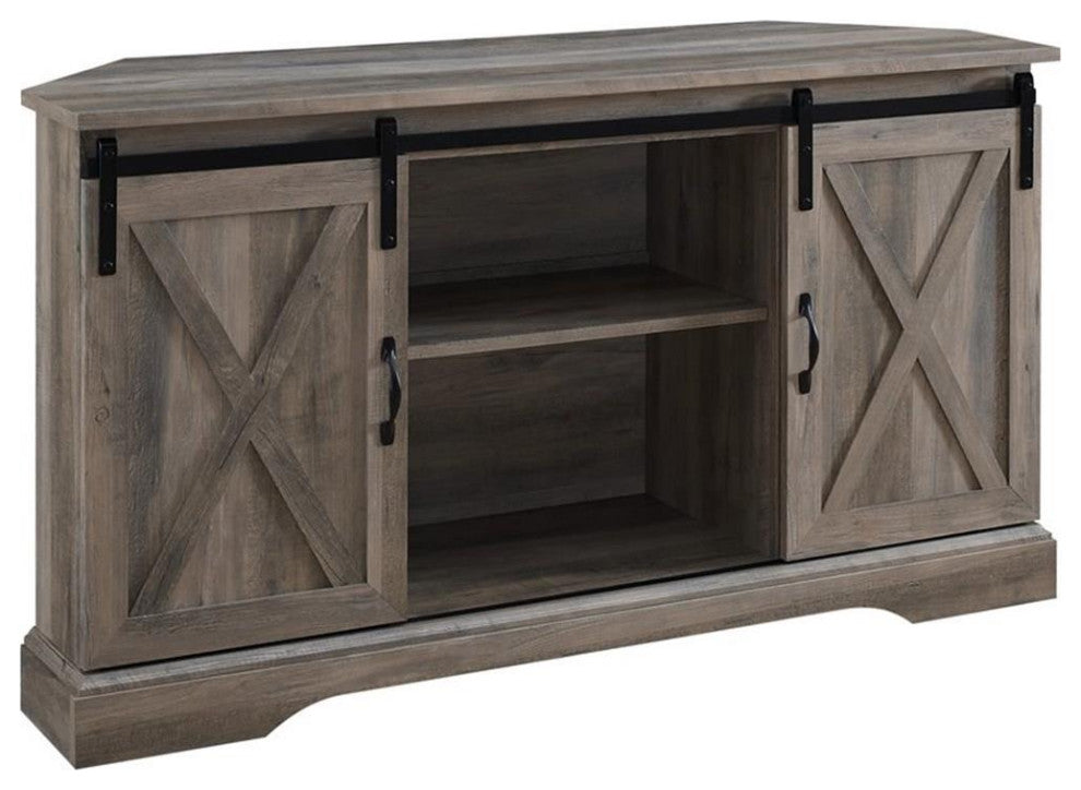 Pemberly Row Farmhouse Wood Corner TV Stand for TVs up to 52" in Gray