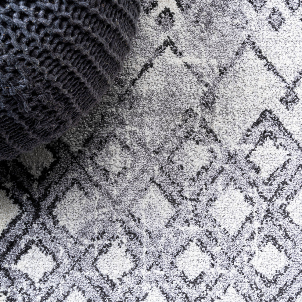 Azmar Moroccan Geometric Distressed Ivory/Black 2 ft. x 8 ft. Runner Rug