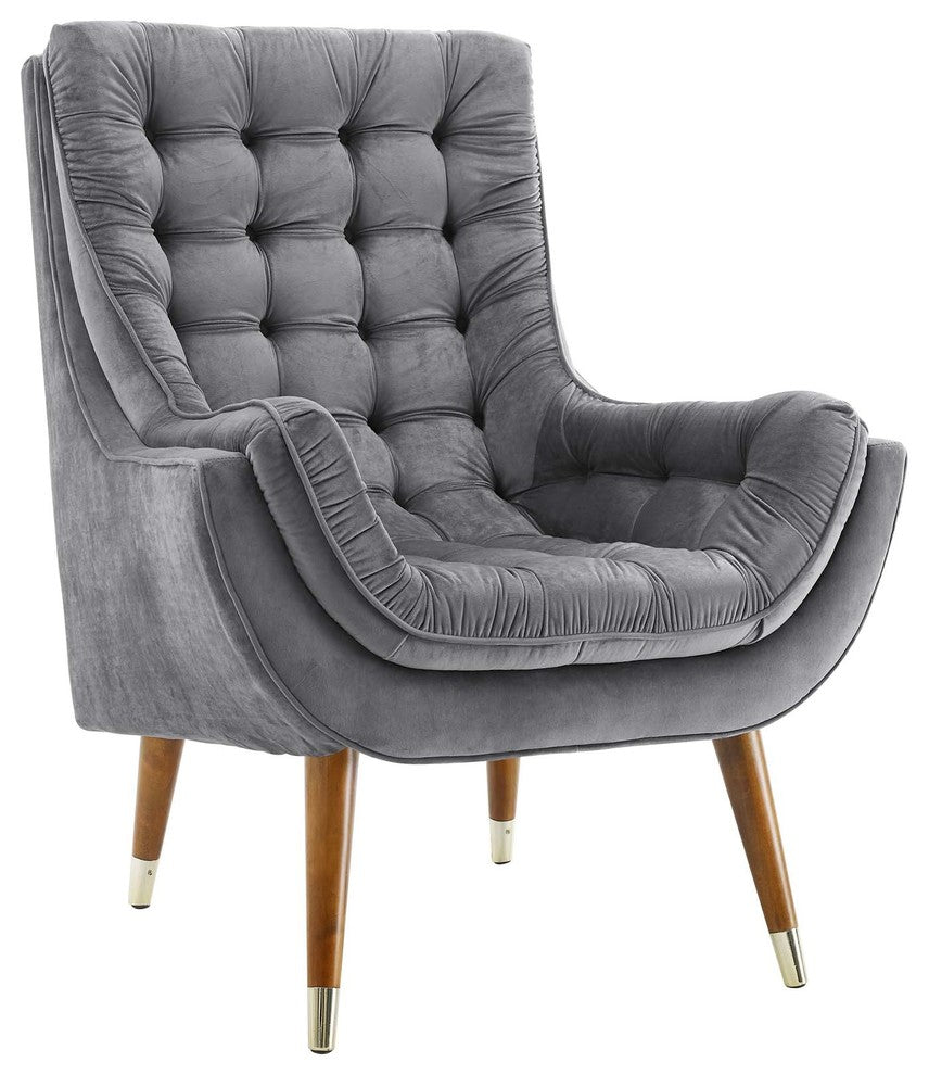 Suggest Button Tufted Upholstered Velvet Lounge Chair, Gray