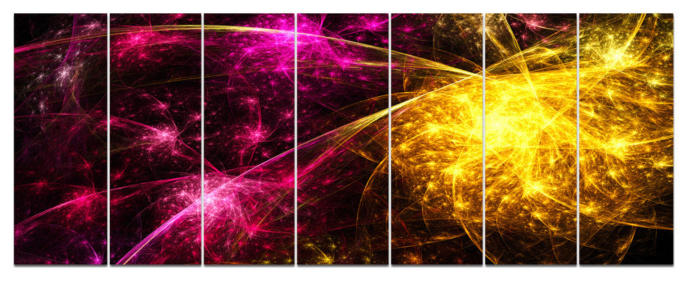 Yellow Pink Colorful Fireworks, Abstract Canvas Art Print, 83"x32", 7 Panels
