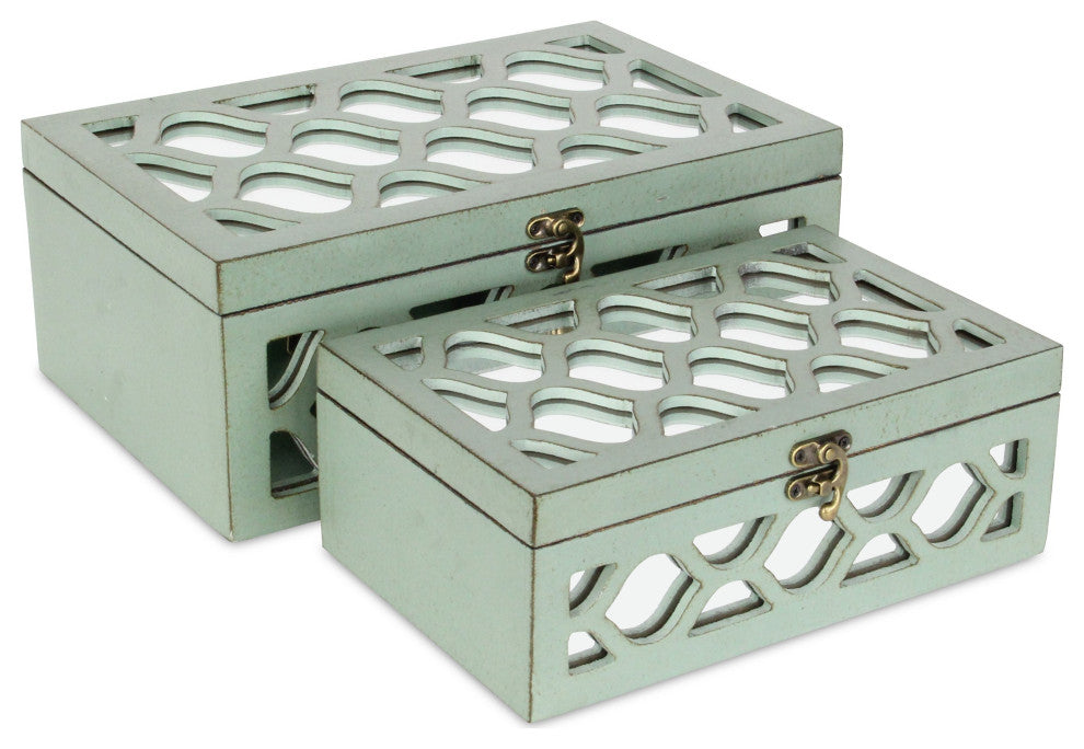 Moroccan Mirrored Wooden Boxes, Blue, Set of 2, Blue