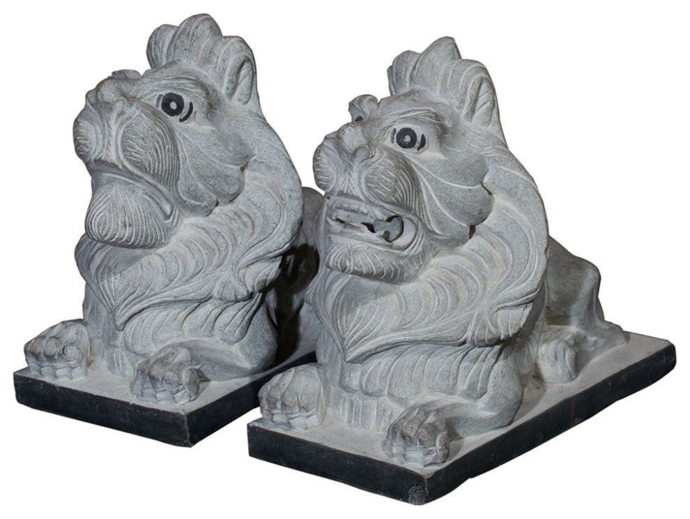 11"Stone Chinese Lion Couchant Statue Set