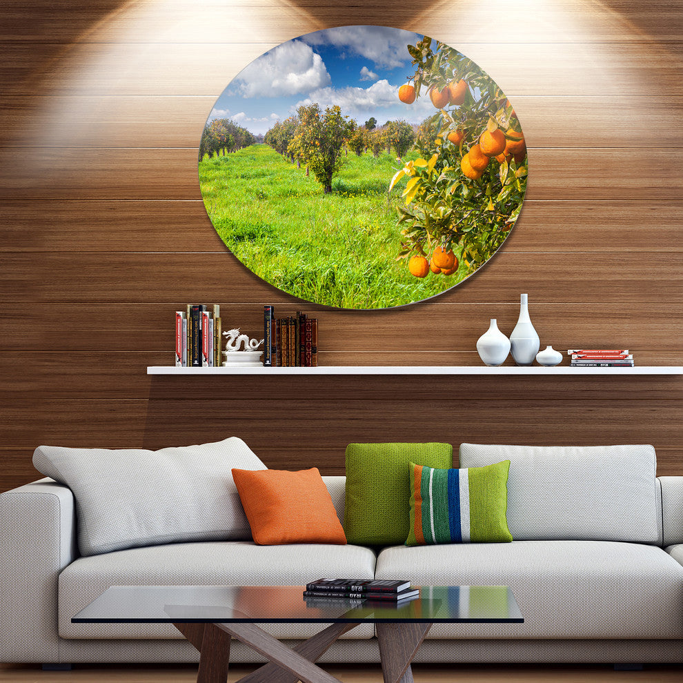 Bright Green Grass In Orange Garden, Landscape Art Round Wall Art, 11"