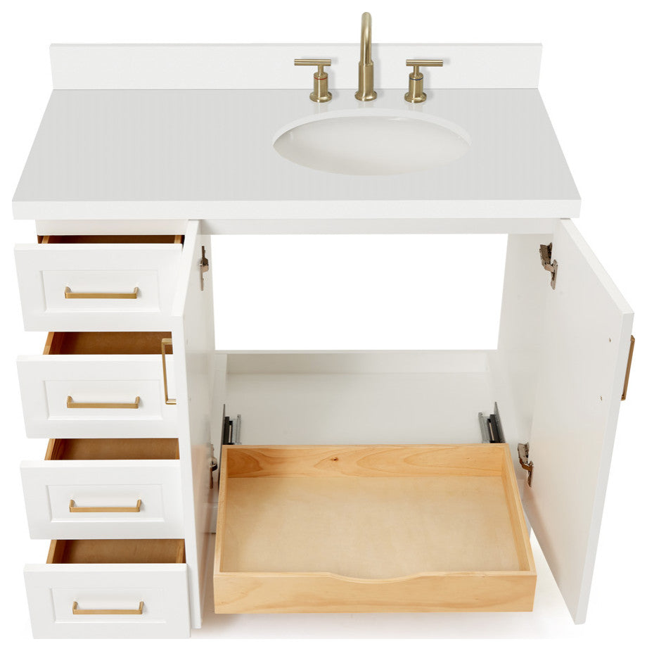 ARIEL Taylor 43" Right Offset Oval Sink White Vanity White Quartz Top, No Mirror