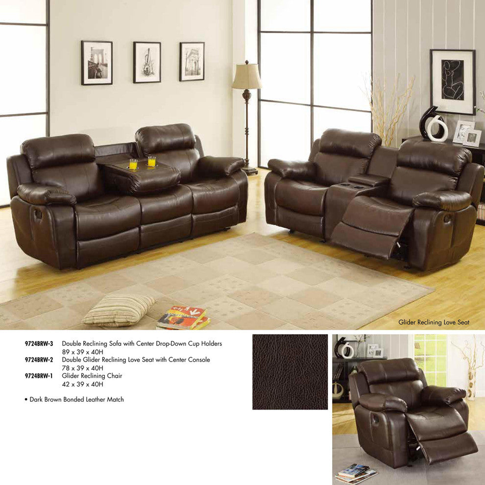 Homelegance Marille 3-Piece Reclining Living Room Set, Brown Leather