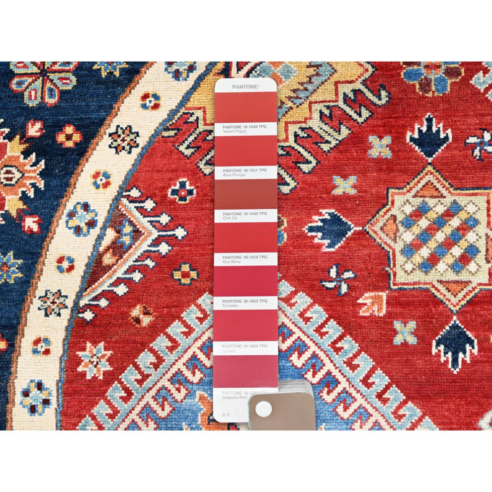 Red, Soft Wool, Special Kazak, Hand Knotted, Round Oriental Rug, 7'10"x7'9"