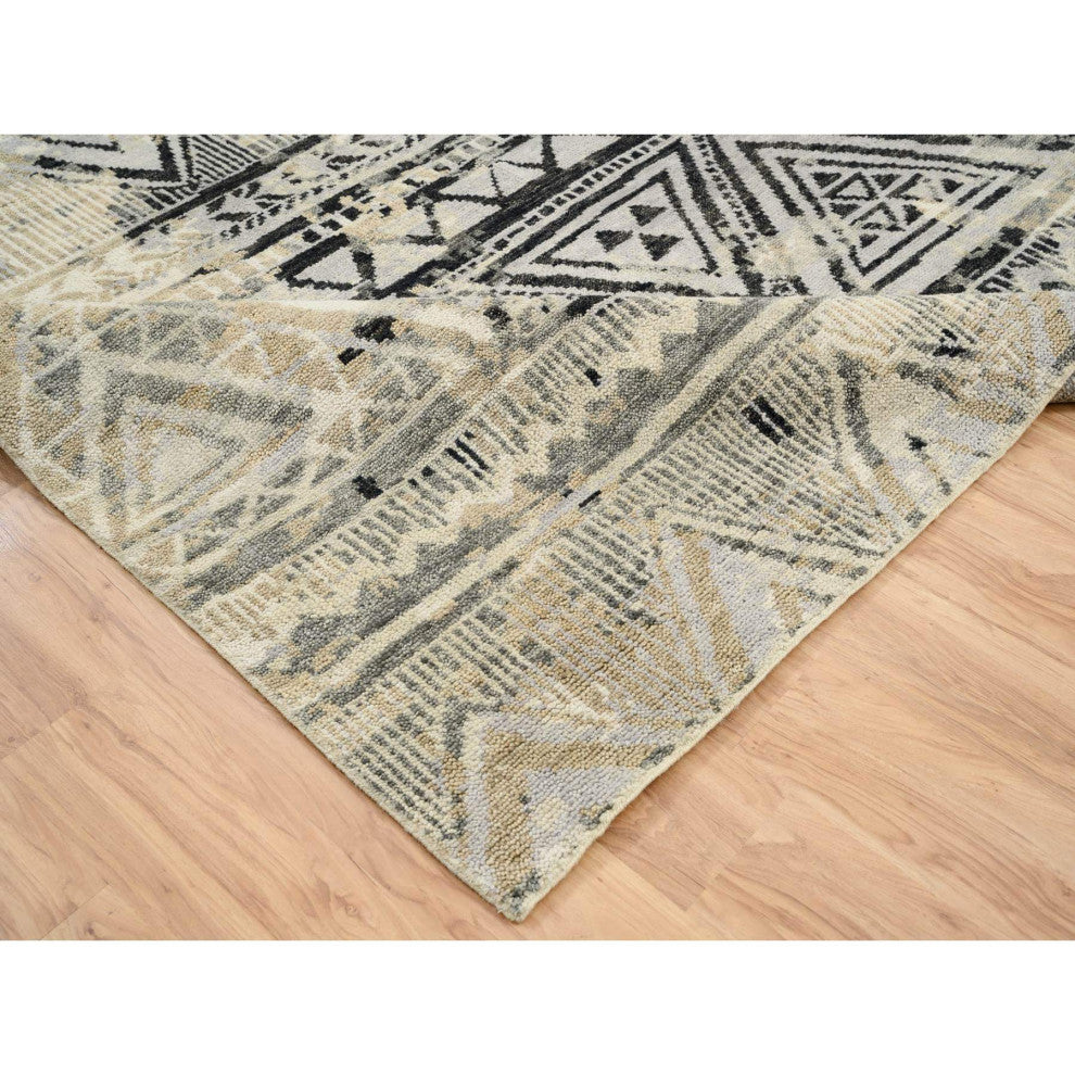 Gray, Erased Ethnic Geometric Design, Pure Wool Hand Knotted Rug, 9'1" x 12'0"