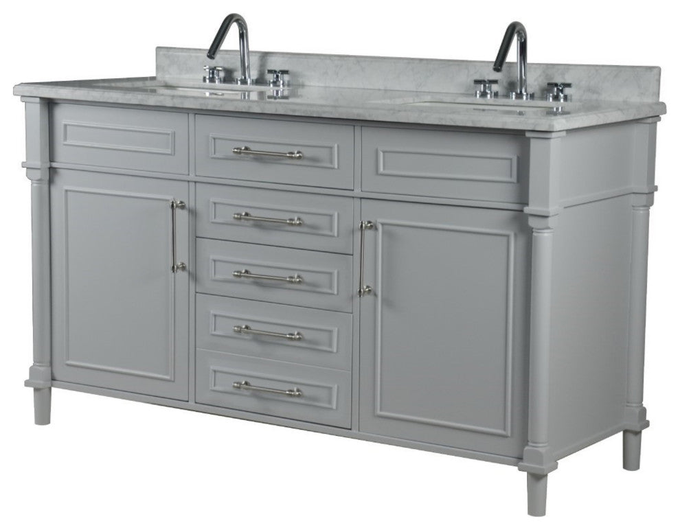 60" Double Vanity, Light Gray With White Carrara Marble Top