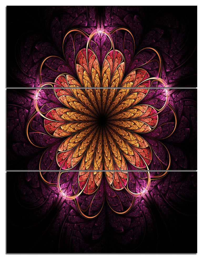 "Glittering Gold Purple Fractal Flower" Metal Wall Art, 3 Panels, 28"x36"