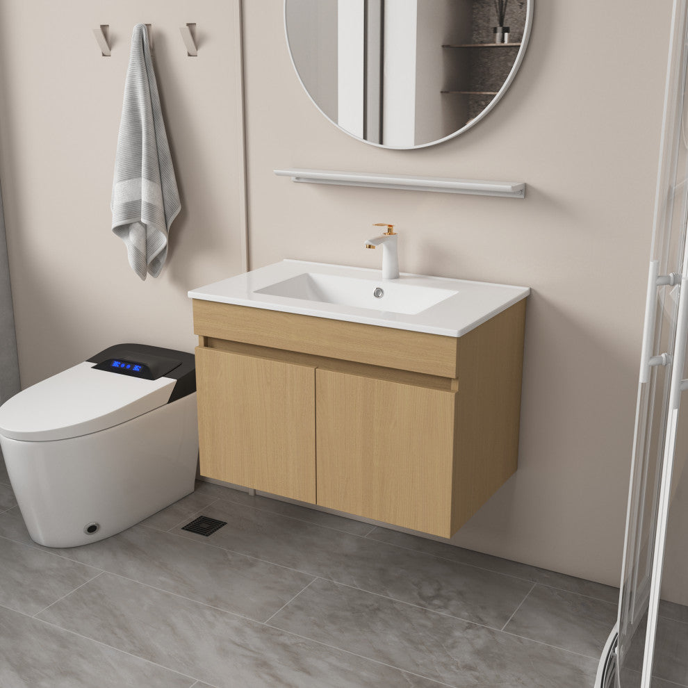 Wall Mounted Bath Vanity, Light Oak, Integrated Ceramic Sink, 36"