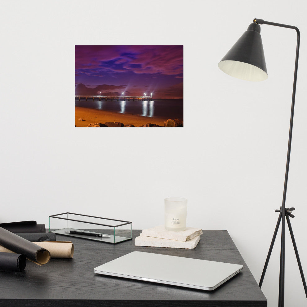 The Pier at Woodland Beach Night Coastal Photo Unframed Wall Art Print, 12" X 16"