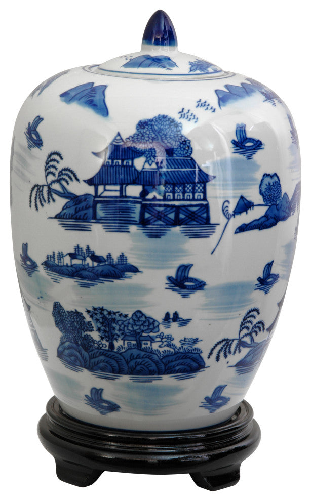 11" Landscape Blue and White Porcelain Vase Jar