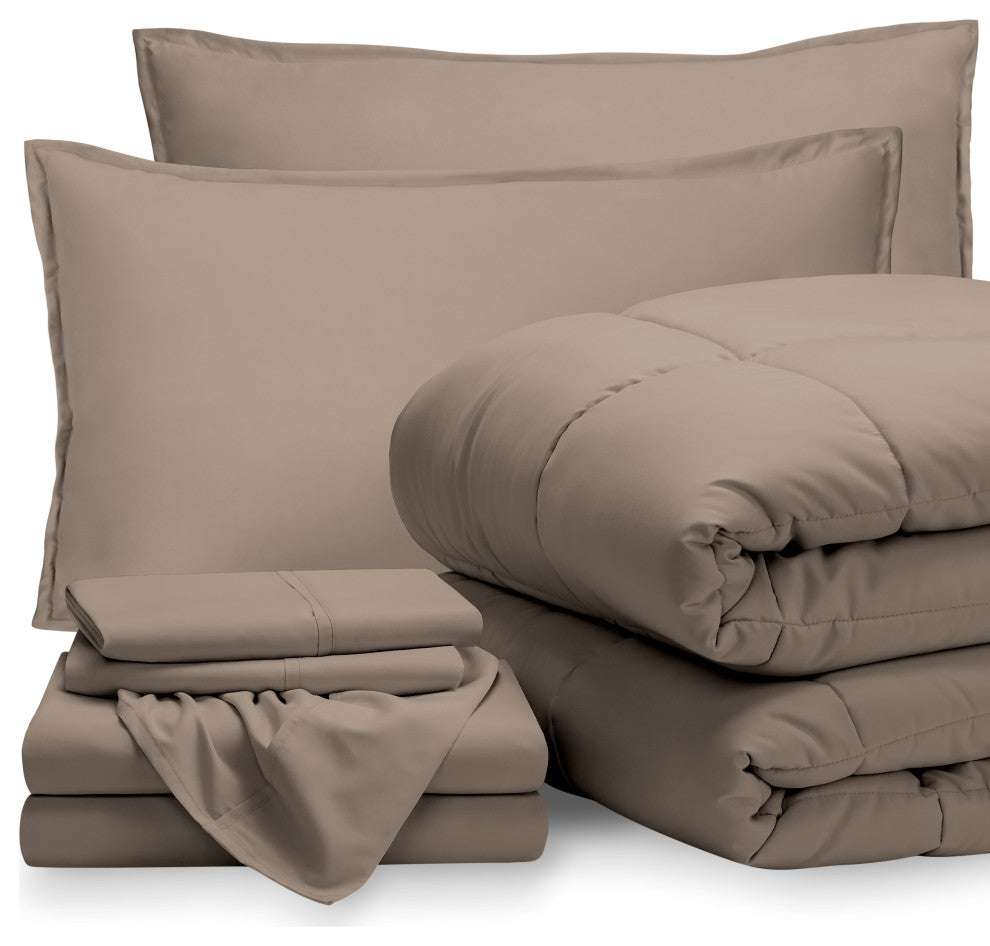 Bare Home 7-Piece Full & Full XL Bed-in-a-Bag, Taupe, Taupe, Full Xl