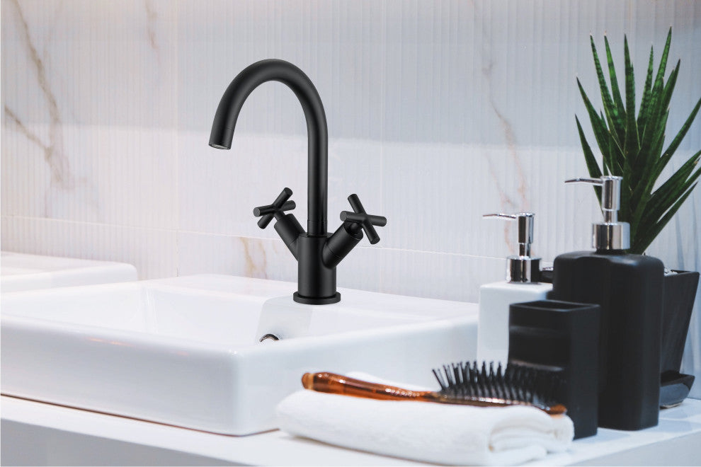 Ancona Ava Single Hole Cross Handle Bathroom Faucet, Matte Black Finish