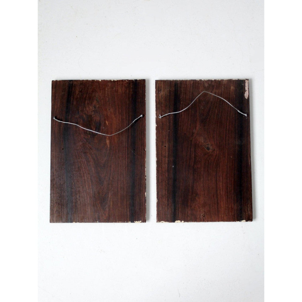 Consigned, Vintage Floral Goddess Etched Wood Plaque Wall Hanging Pair